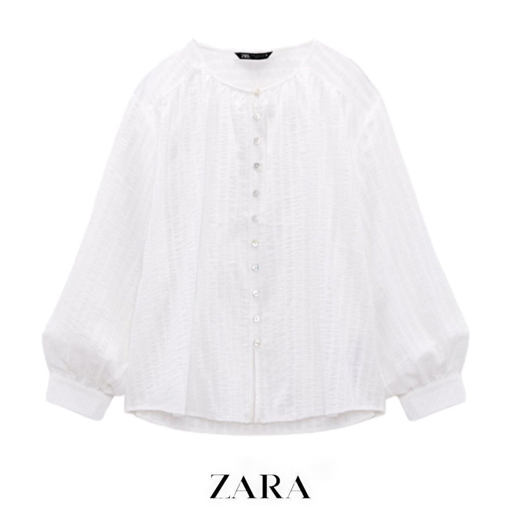 Zara White Metallic Thread Cotton Blouse Size XL NWT Balloon Sleeve Shirt